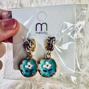 Melody Pastel Blue With White Flower Enamel earrings Gold Tone